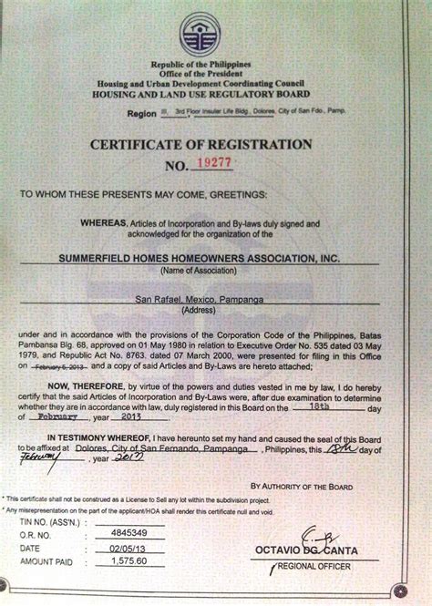 REGISTRATION OF HOMEOWNERS’ ASSOCIATION.